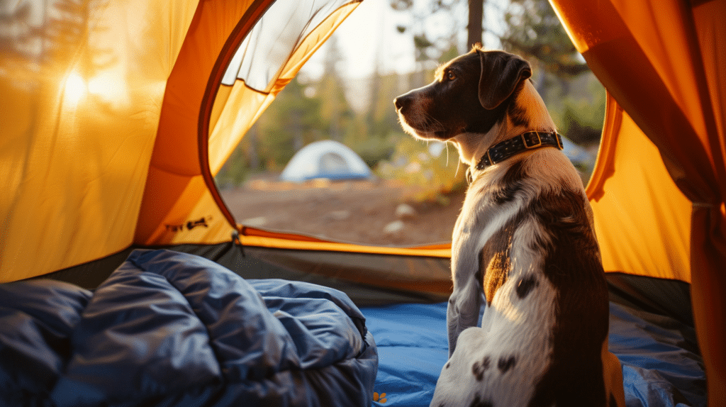 Cute dog sitting in a tent on top of a sleeping bag at a car campsite