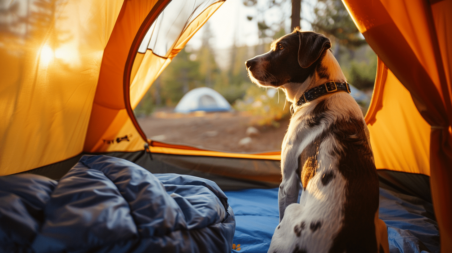 Cute dog sitting in a tent on top of a sleeping bag at a car campsite